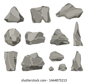 Rock stones. Graphite stone, coal and rocks pile for wall or mountain pebble. Gravel pebbles, gray stone heap cartoon isolated vector icons illustration set.