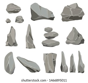 Piedras rocosas. Piedra de grafito, carbón y rocas apiladas para piedras de pared o montaña. Piedras gruesas, montones de piedra gris caricatura aislados iconos vectoriales conjunto.