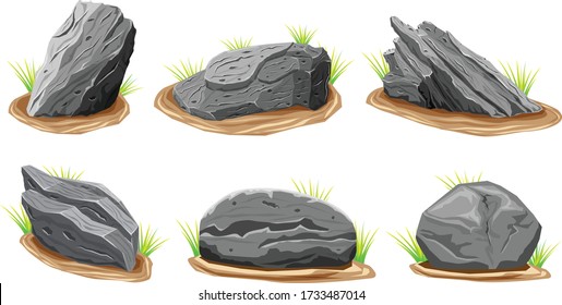 Rock stones. Graphite stone, coal and rocks pile for wall or mountain pebble. Gravel pebbles, gray stone heap cartoon isolated vector icons illustration set. Game asset