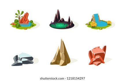 Rock stones, lake, pond, waterfall, elements of natural landscape set, user interface assets for mobile app or video game vector Illustration