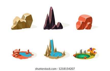 Rock stones, lakes, waterfall, elements of natural landscape, user interface assets for mobile app or video game vector Illustration on a white background