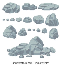 Rock stones. Natural stone rocks, massive boulders. Granite cobble cliff and stone heap for mountain landscape. Cartoon pile gravel object vector set