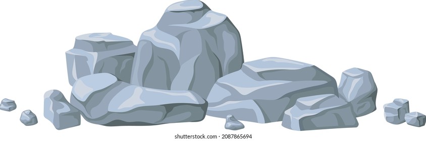 Rock stones pile. Park black rocks, heap isometric cobblestone, cartoon vector isolated on white background