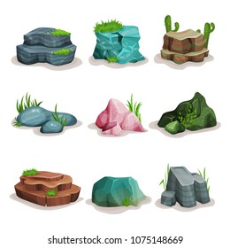 Rock stones set, boulders with grass, design element of natural landscape vector Illustrations on a white background
