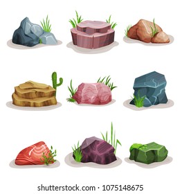 Rock stones set, colorful boulders with grass, design element of natural landscape vector Illustrations on a white background