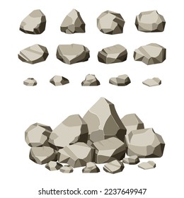 Se ponen piedras y rocas. Colección de rocas de formas diferente. ilustración vectorial.