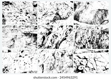 Rock or stones vector overlay texture background set. Black and white stone and rocks wall texture. Grunge trace of solid marble or mineral wall collection.