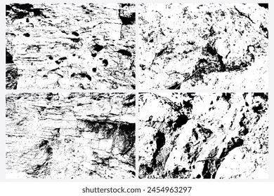 Rock or stones vector overlay texture background set. Black and white stone and rocks wall texture. Grunge trace of solid marble or mineral wall collection.