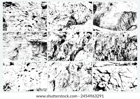 Rock or stones vector overlay texture background set. Black and white stone and rocks wall texture. Grunge trace of solid marble or mineral wall collection.