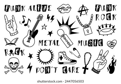 Rock style elements. Punk vintage clipart with objects and phrases grunge alphabet. Hard rock metal, skull, guitar and anarchy symbol, neoteric vector set