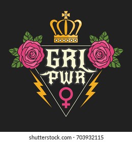 Rock style "Girl Power" t-shirt print. Vector illustration with feminist slogan and colorful girlish symbols, such as roses, crown and female gender symbol. Isolated on black background.