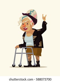 Rock Style Grandma Character. Vector Flat Cartoon Illustration