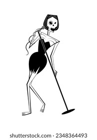 Rock style skeleton singer character in black dress with microphone. Halloween skeleton woman character in retro style of 60's-70's. Day of the Dead singing woman skeleton character.