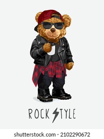 rock style slogan with cool bear in leather jacket holding coffee cup vector illustration