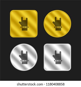 Rock symbol of a hand gold and silver metallic coin logo icon design