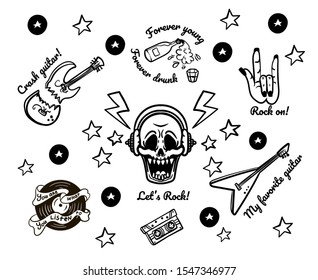 rock symbols: skull,  broken guitar, alcohol, record, cassette