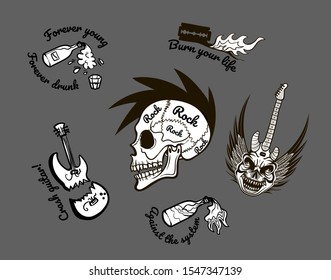 rock symbols: skull, guitar, alcohol, Iroquois