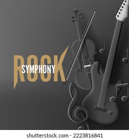 Rock symphony poster with 3d render black guitar and violine in composition with clef and notes