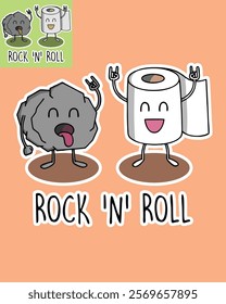 A rock and toilet paper cartoon characters with arms and legs make rock music hand gestures, with the text "ROCK 'N' ROLL" below. Rock and roll parody