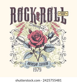 Tour de rock. Diseño de estampado de camiseta de gira de rock and roll. Ilustración gráfica de flor de rosa. Afiche musical.