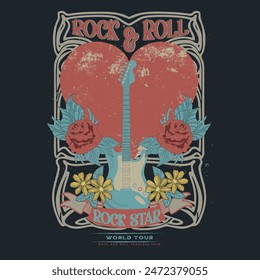 Diseño de camiseta de Rock. Logo de la música Heart Rock. Diseño de estampado de camiseta de Rock y roll tour. Arte del Vector Rockstar. Ilustración gráfica de flor de rosa. Afiche de música, Guitar Heart, Festival de música artwork