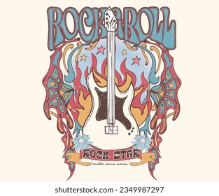 Rock t-shirt design. Rock and roll vector graphic print design for apparel, stickers, posters, background and others. Guitar fire artwork.