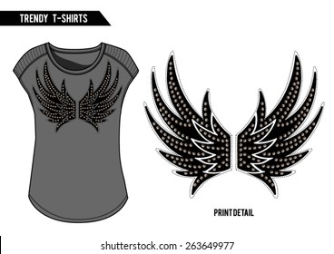 Rock t-shirt with wing print,embellishments and studs on it,in vector