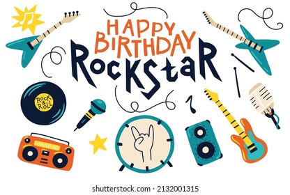 Rock vector collection with illustrations of musical instruments for children. Hand drawn cartoon illustrations in a funny doodle style. Ideal for prints on baby clothes, posters, rock punk parties