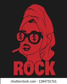 Rock. Vector hand drawn illustration in towel and sunglasses with cigarette isolated. Template for card, poster. banner, print for t-shirt, pin, badge, patch.