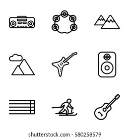 rock vector icons. Set of 9 rock outline icons such as guitar strings, record player, guitar, tambourine, mountain, speaker