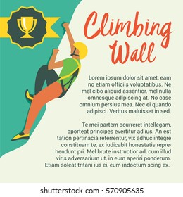 Rock wall climbing boy vector illustration with space for text