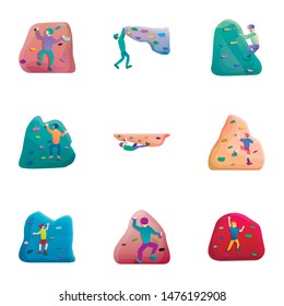 Rock wall climbing icon set. Cartoon set of 9 rock wall climbing vector icons for web design isolated on white background