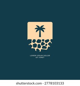Rock wall erosion protection logo design. Stones fence with palm tree badge emblem symbol logo icon sign