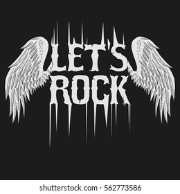 Rock wings music print, vintage label, rock-music tee print stamp, vector graphic design. t-shirt print lettering artwork