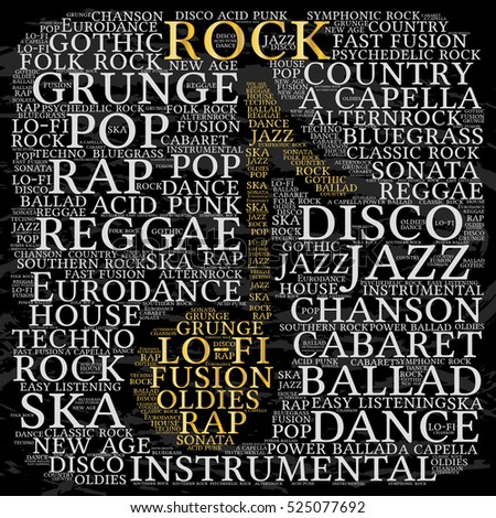 Rock. Word cloud, musical notes, gray font, grunge background. Variety of music.