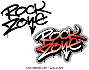 Rock Zone, spray graffiti tag. Hand lettering typography. White background.