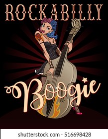 Rockabilly Boogie Poster. Vintage Poster Of Pinup Rock Girl Playing On Contrabass.   