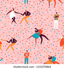 Rockabilly dance party with dancing rock n roll couple and musician seamless pattern in vector. Cartoon illustration with funny characters.