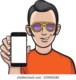 rockabilly fan showing a mobile app on a smart phone
