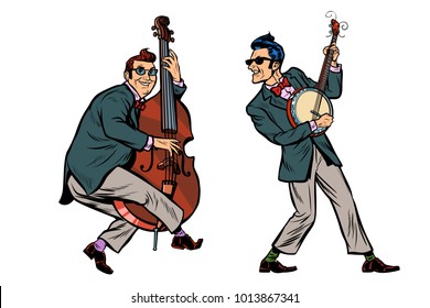 músicos rockabilly de jazz, bajo doble y banjo. aislado de fondo blanco. Dibujo gráfico gráfico retro gráfico cómico dibujado a mano