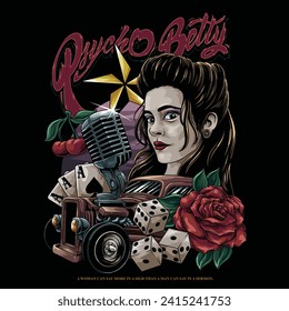 the Rockabilly Lady with a classic car and beautiful red roses, as well as dice and cards. Rockabilly is a style of rock n' roll music that emerged in the 1950s.