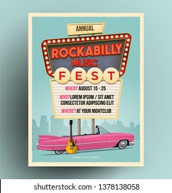 Rockabilly music festival or party or concert promo poster. Flyer template. Vintage styled vector illustration.