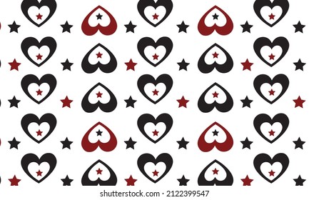 Rockabilly pattern with hearts and stars on a white background. Romantic seamless background in rockabilly style. Saint valentine's day pattern. Pattern and banner included. Red and black 