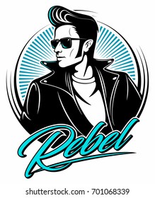 Rockabilly Rebel In Leather Jacket With A Fifties Hairstyle And Sunglasses, Vector Logo.