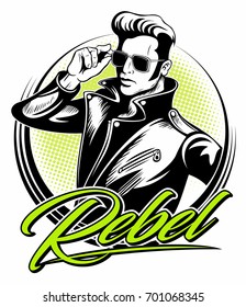 Rockabilly Rebel In Leather Jacket With A Fifties Hairstyle And Sunglasses, Vector Logo.