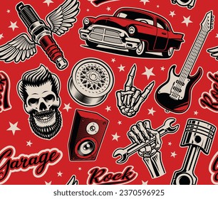 rockabilly seamless pattern, rock and roll themed background