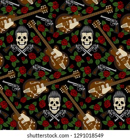 Rockabilly seamless pattern with skull, guns, guitar and roses