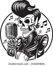 rockabilly skeleton singing in vintage microphone