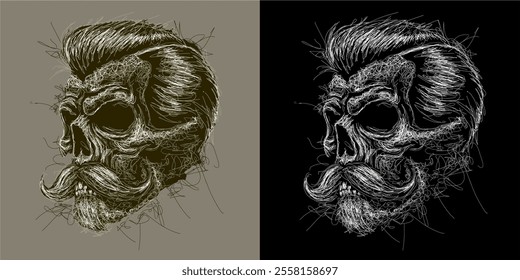 Rockabilly skull has mustache and beard vector scribble art picture illustration is perfect for your printable t-shirts, posters, banners and banners and also suitable for other items