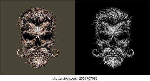 Rockabilly skull has mustache and beard vector scribble art picture illustration is perfect for your printable t-shirts, posters, banners and banners and also suitable for other items